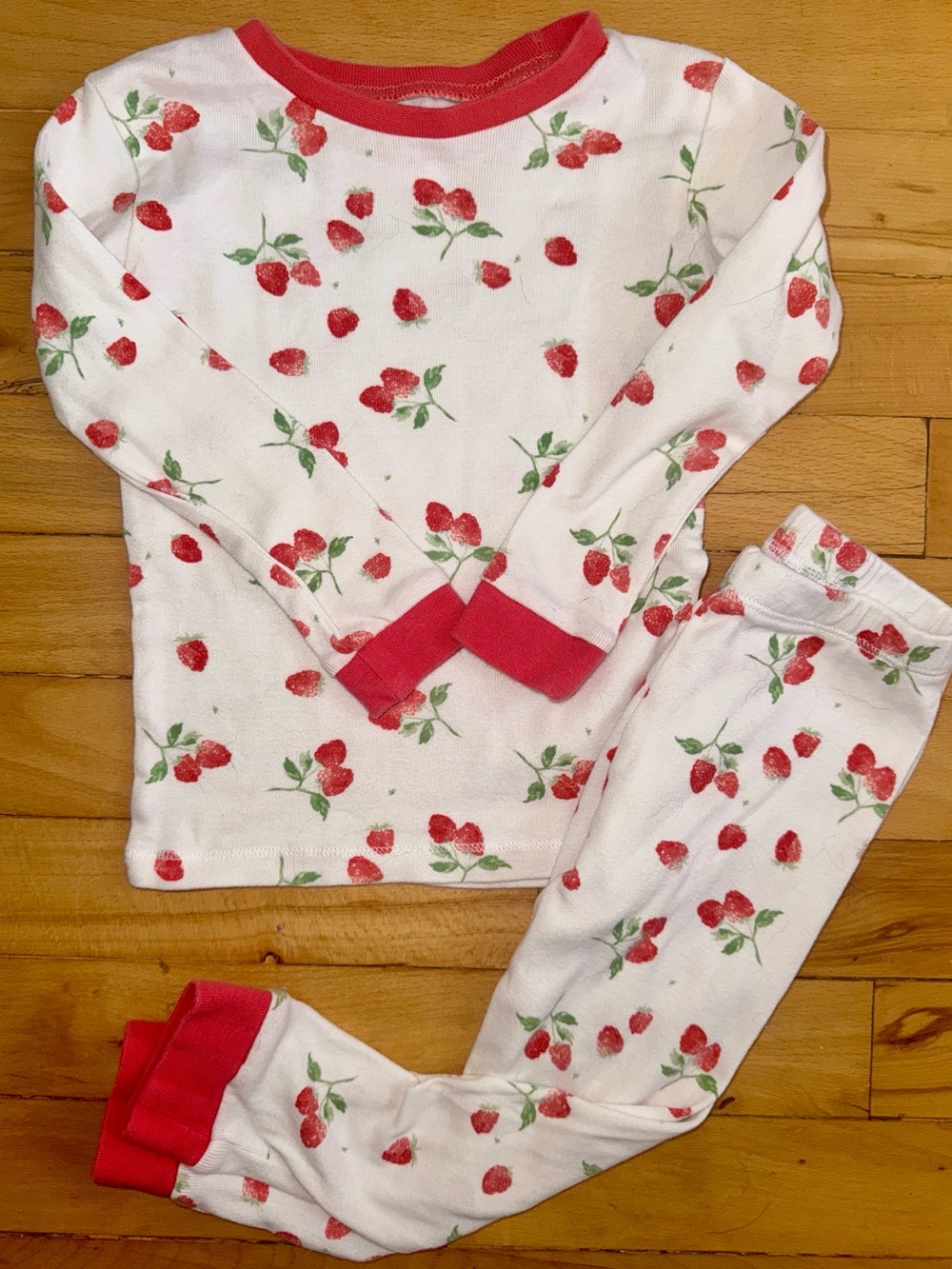 Girls Strawberry Print Pajama Set - White & Red